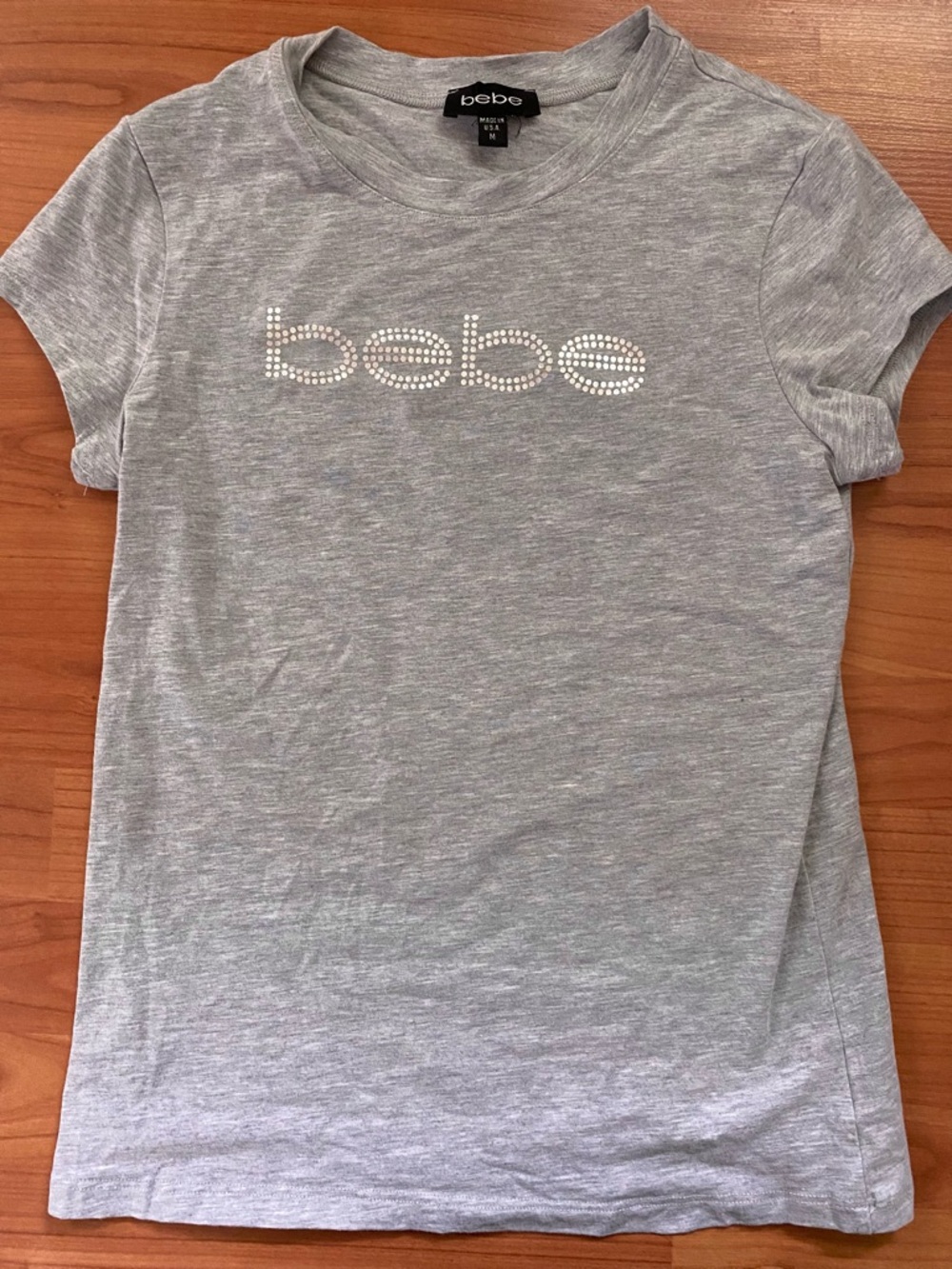 Bebe Y2K Grey Rhinestone-Print Logo Tee